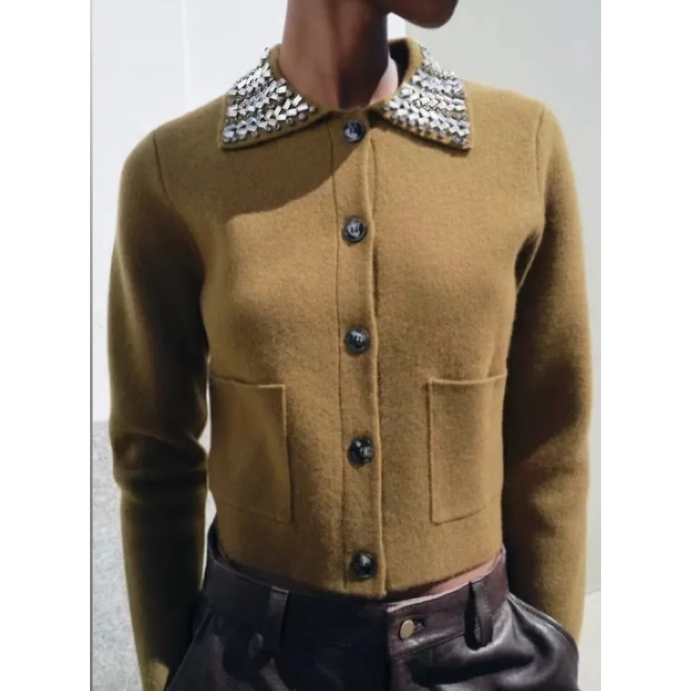 Zara 100% Wool Jewel Collar Jacket Small Olive Green Preppy Luxe
